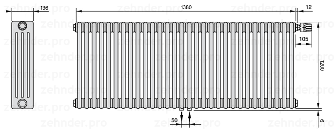 Схема (чертеж) Радиатор Zehnder Charleston 4120/30 №V008 Белый глянцевый RAL 9016